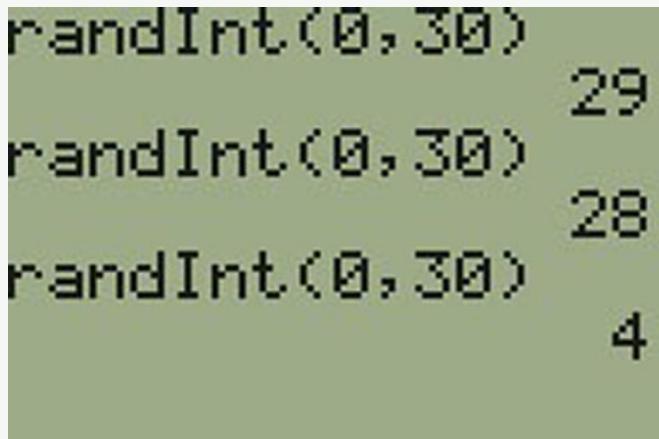 Figure 1.2.10 — TI calculator screen showing the randInt command used to generate sample IDs.