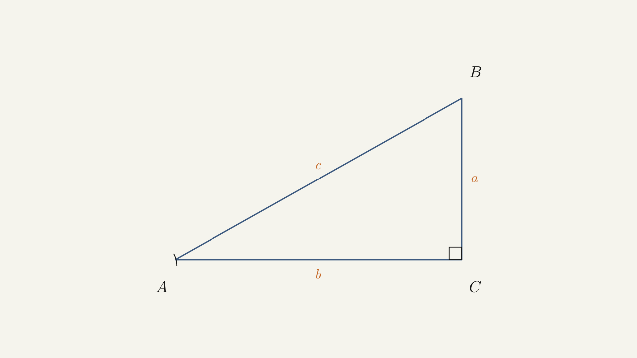 Exercise reference (problems 129-134) — Right triangle ABC with right angle at C; sides a (opposite A), b (opposite B), c (hypotenuse).