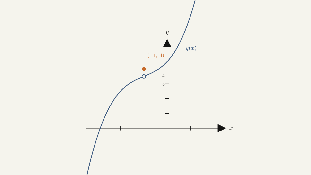Figure 2.15 — The graph of g(x) where lim_{x -> -1} g(x) is the open-circle height but g(-1) = 4 (the marked dot above the curve).