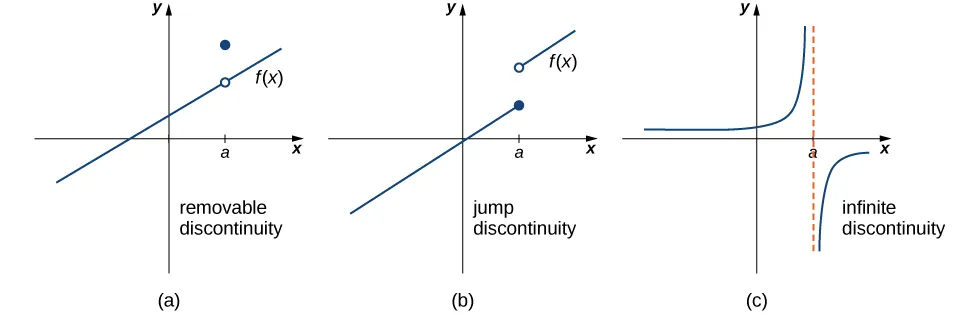Figure 2.37 — Discontinuities are classified as (a) removable, (b) jump, or (c) infinite.