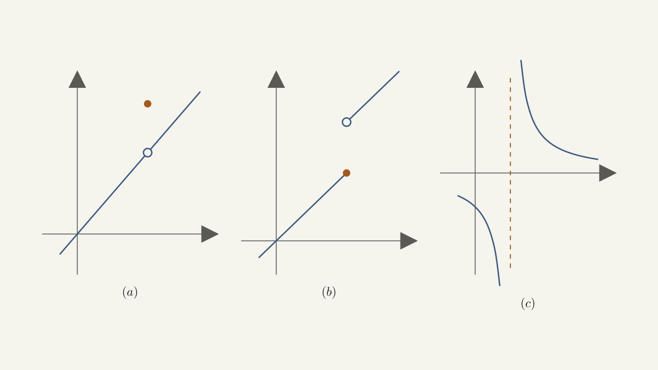Figure 2.37 — Discontinuities are classified as (a) removable, (b) jump, or (c) infinite.