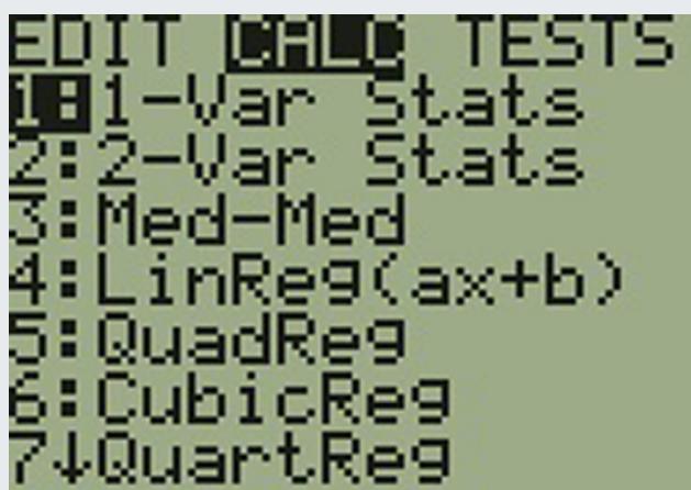 Figure 2.7.7 — TI-83/84 screen showing the STAT CALC menu with 1:1-Var Stats highlighted.