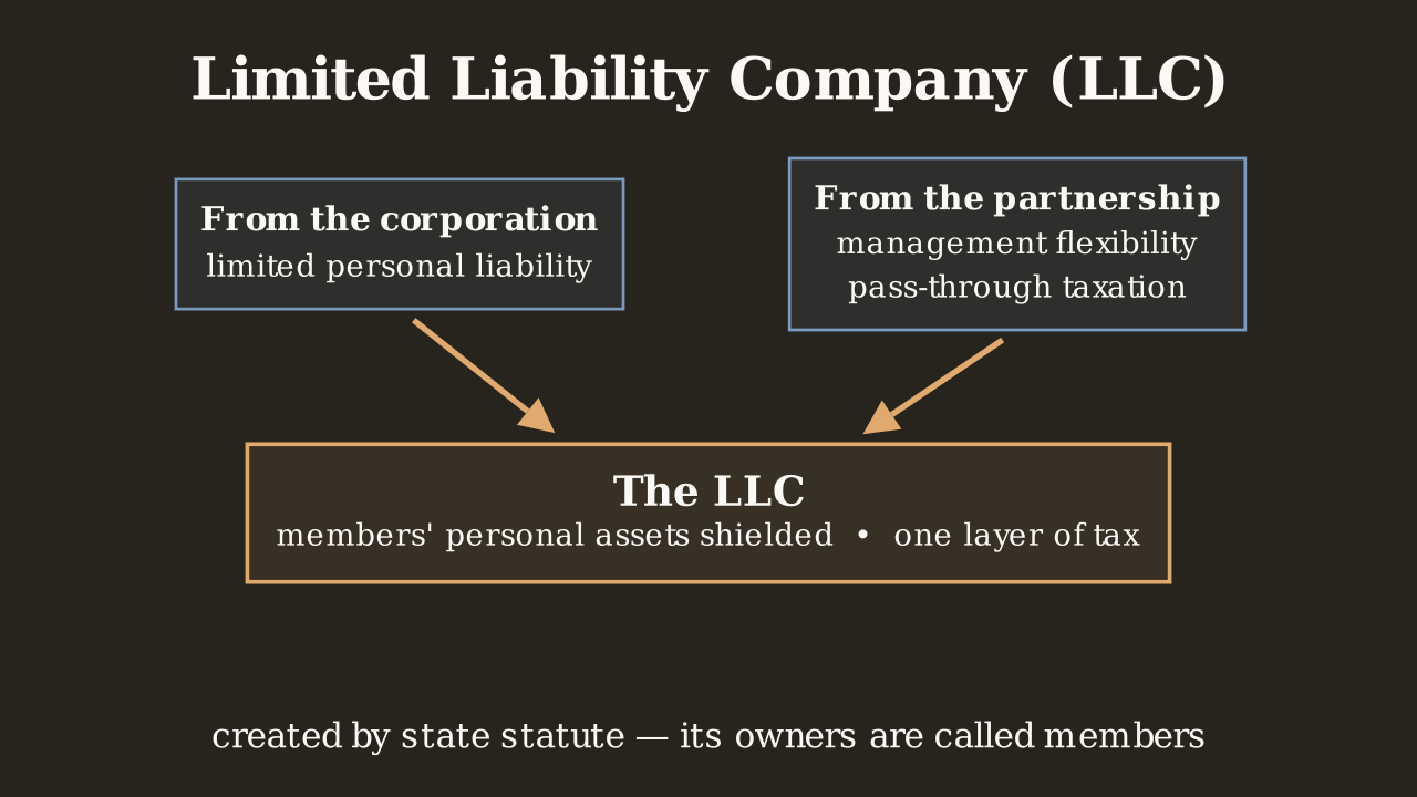 Definition 1.3.1 — The LLC inherits the corporation's liability shield and the partnership's flexibility and pass-through taxation.