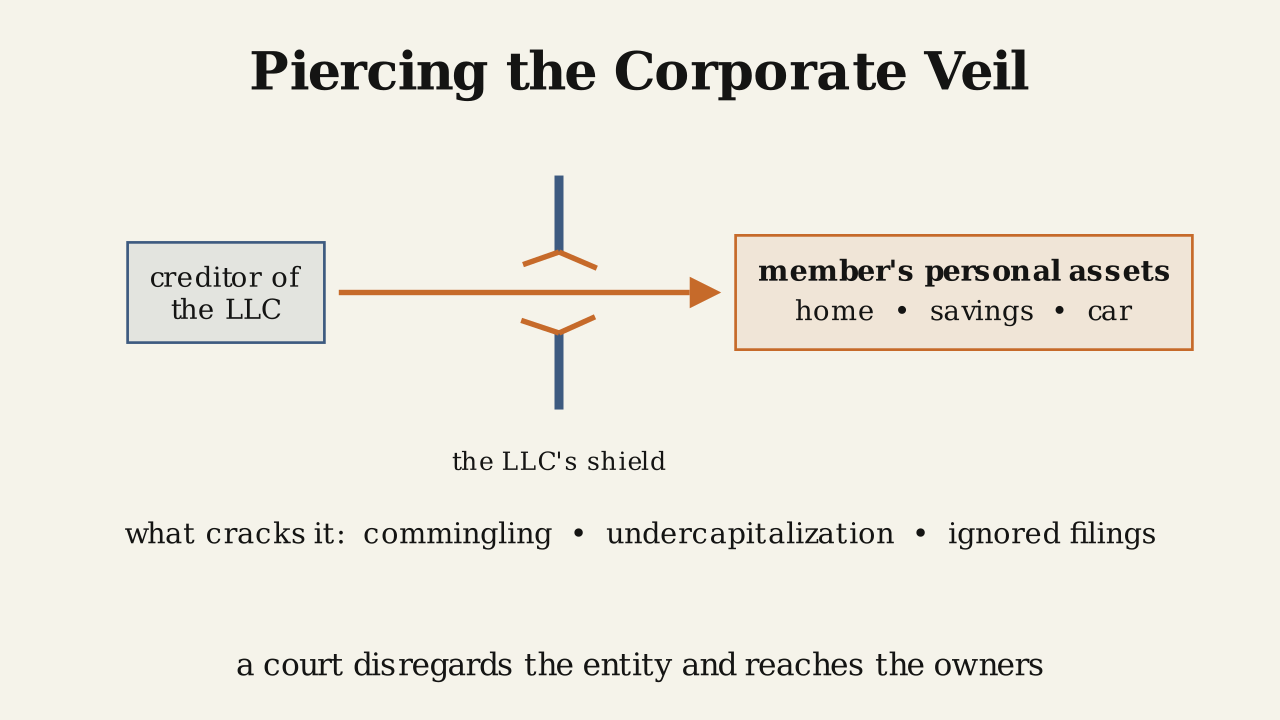 Definition 1.3.4 — Piercing the corporate veil: a court disregards the entity and lets a creditor reach the members personally.